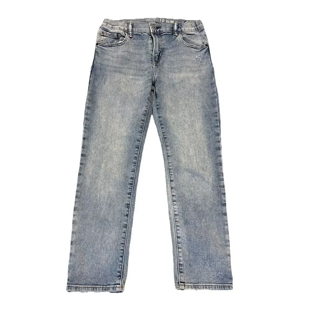Gap Jeans Size 10 H Youth Straight Slim Stretch Mid Rise Light Wash Blue Denim